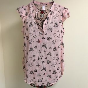 Pink Black Sheer Harts Butterflies Pink Black High Low Blouse Womens XL L